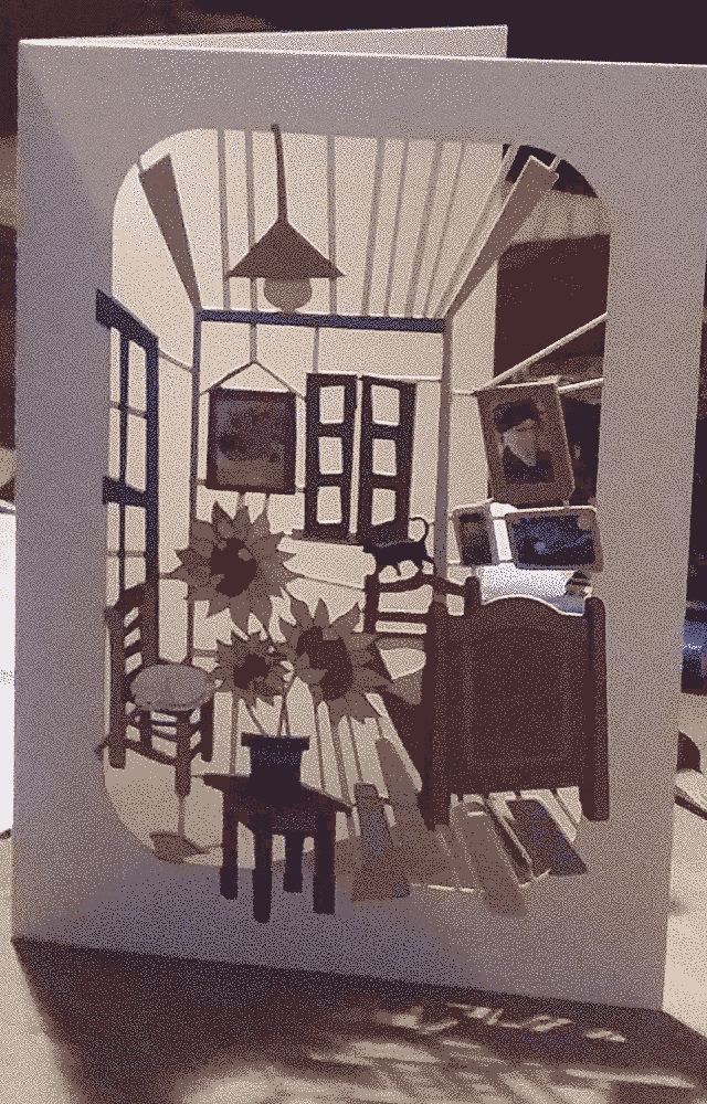 A birthday card featuring a stylised Bedroom in Arles by Van Gogh. Meant to evoke the caravan as we wish it to be.